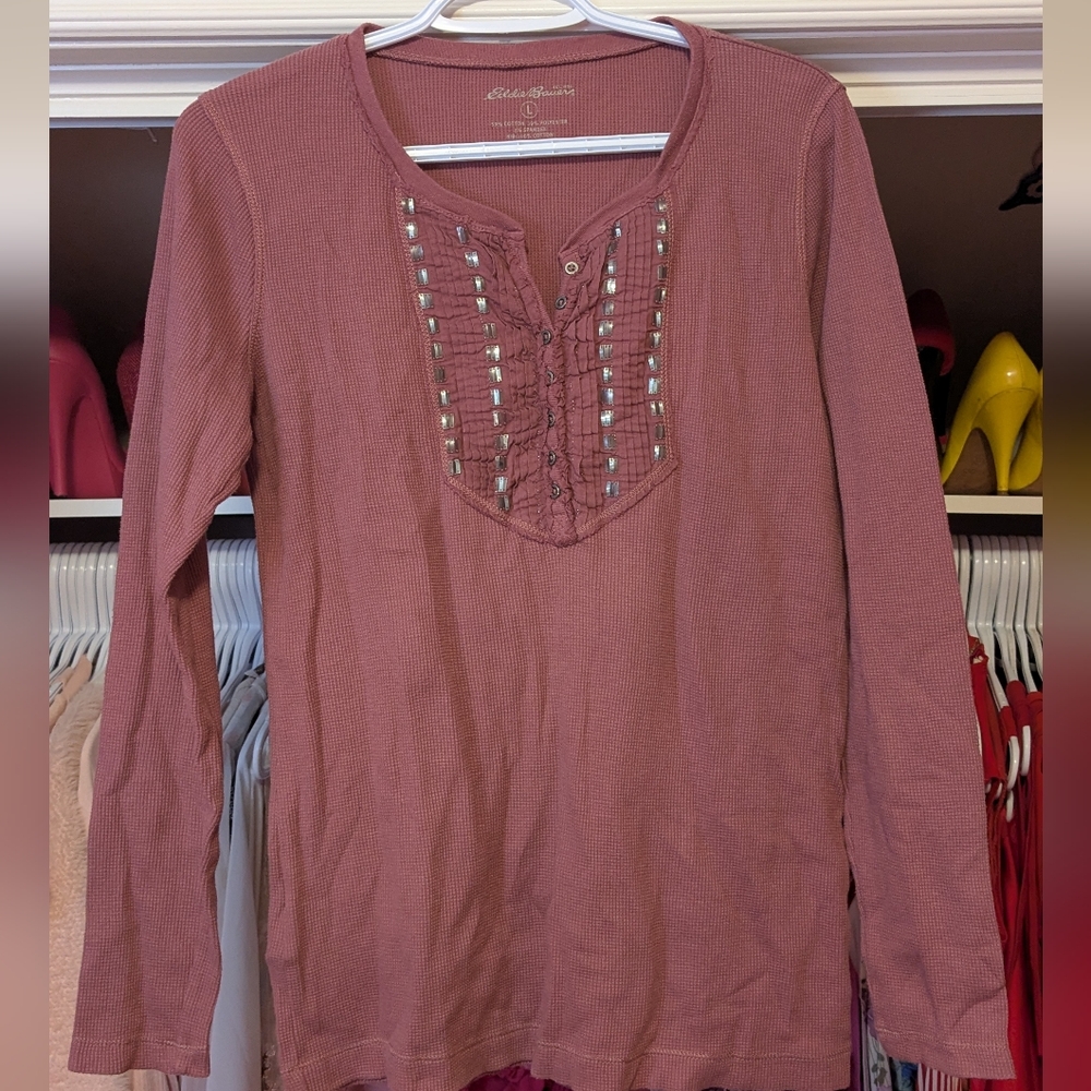 Eddie Bauer Women's Long-Sleeve Studded Thermal Top - Rose 🌹 Large